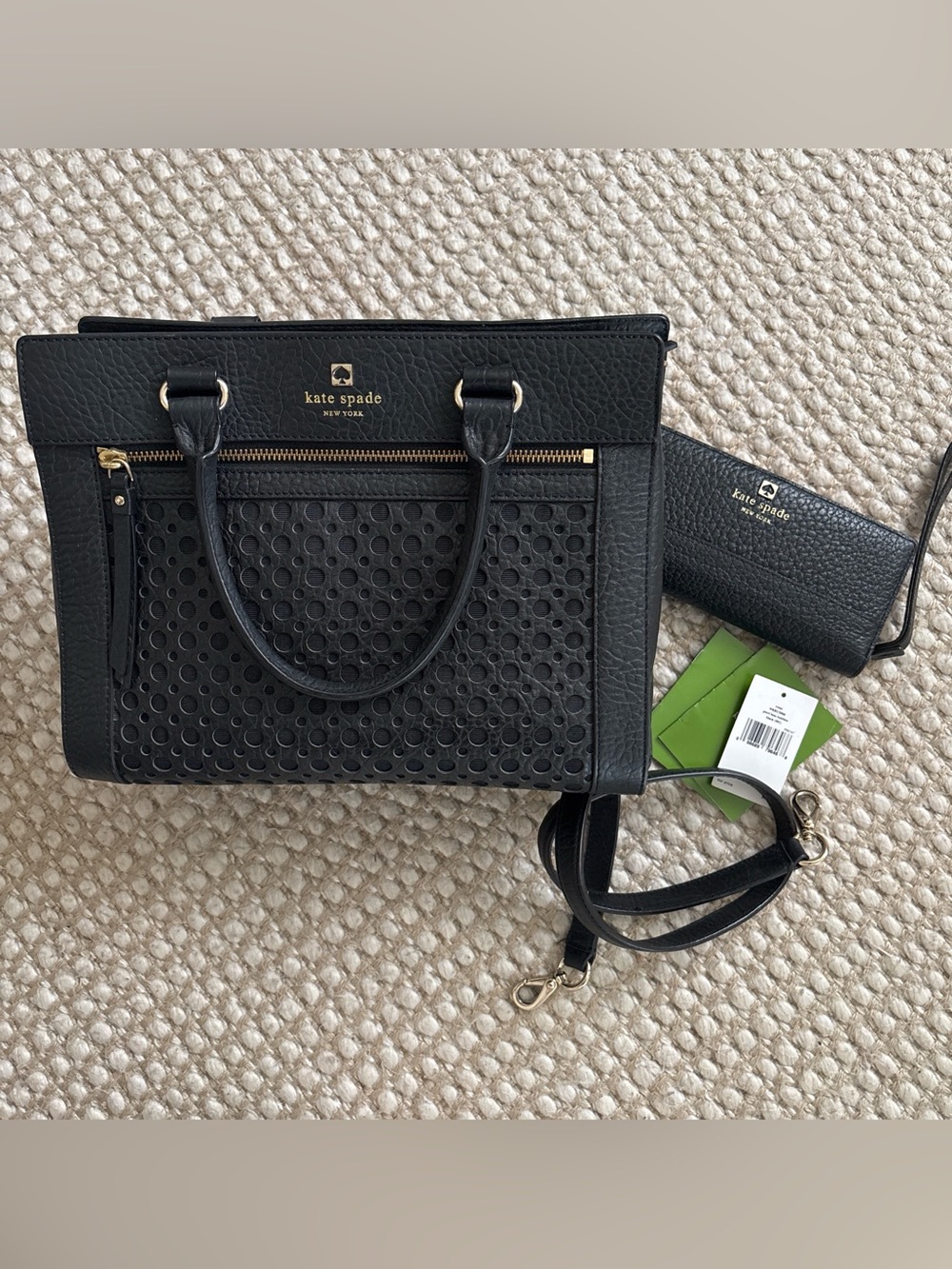 kate spade Black Perforated Leather Satchel with Gold Hardware